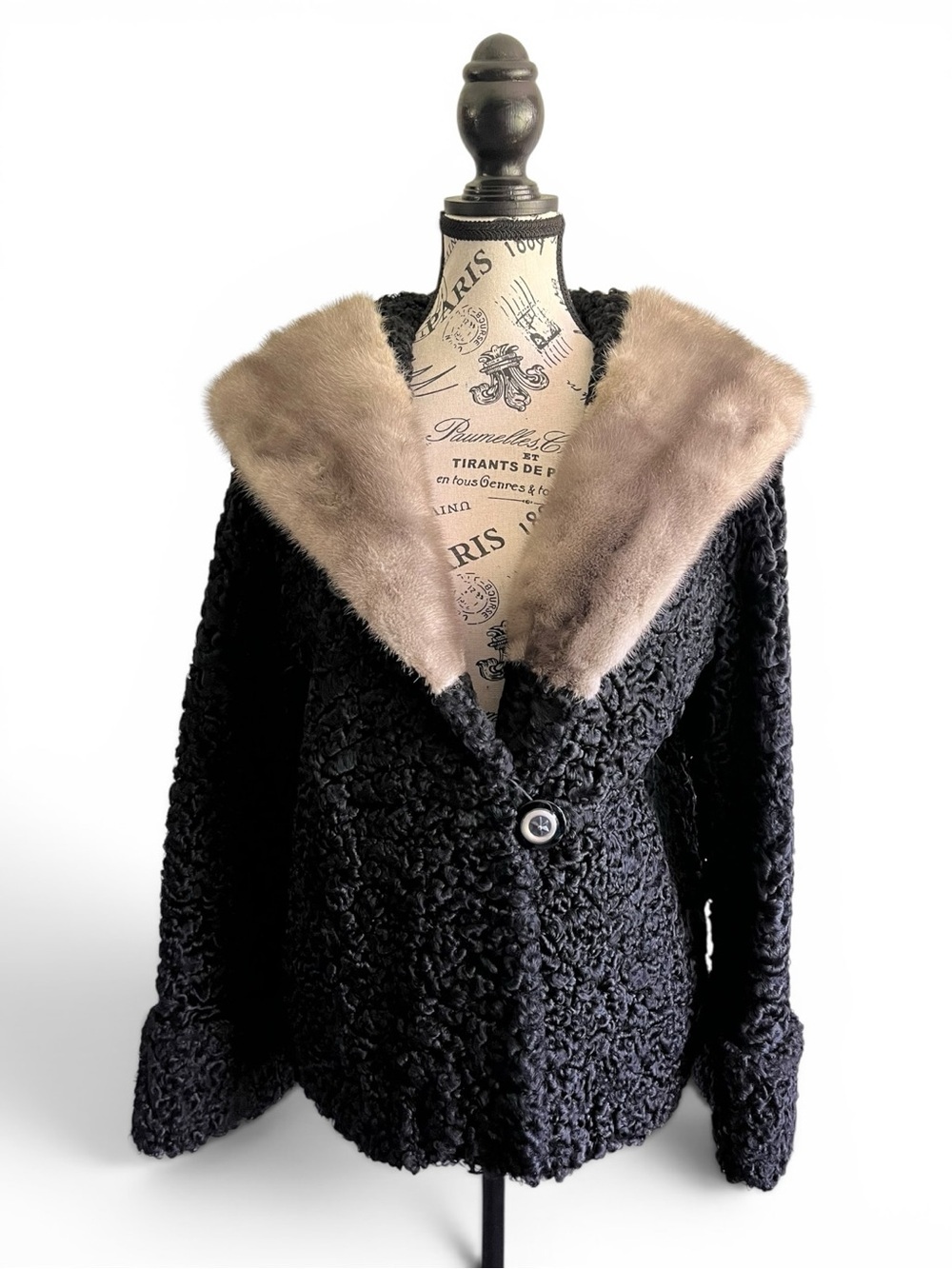 🇨🇦 Vintage Rainbow Fur Montreal Persian Lamb Mink Collar Coat Black 50s 60s